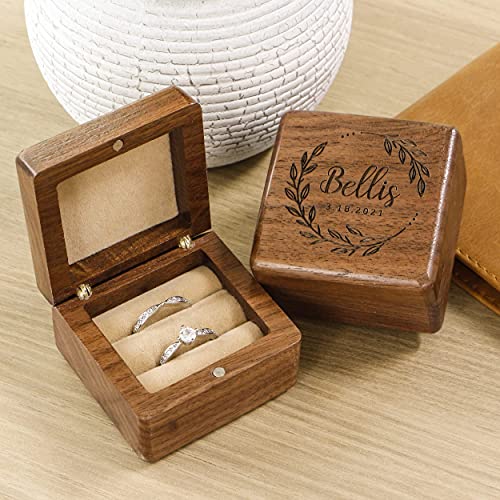 kenon Benutzerdefinierte Holz-Hochzeitsringbox, Holz-Doppelringbox, Verlobungsringbox, Walnuss-Aufbewahrungsringbox, Hochzeits-Geburtstagsgeschenke für Frauen