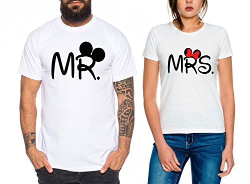 Mr Mrs Partner Look Pärchen T-Shirt Set für Pärchen als Geschenk, Farbe:Weiss;Größe:Damen Gr. M + Herren Gr. L
