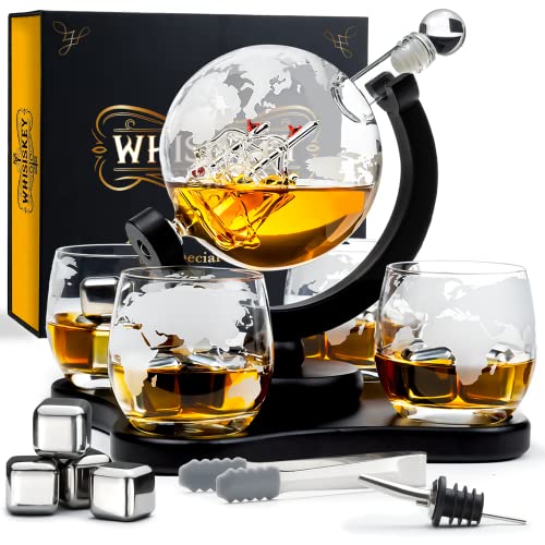 Whisiskey - Whisky Karaffe - Globus - Dekanter - Whiskey Set - 900ML - Geschenke für Männer - Weihnachtsgeschenke - Inkl. 4 Whisky Steine, Ausgießer & 4 Whisky Gläser