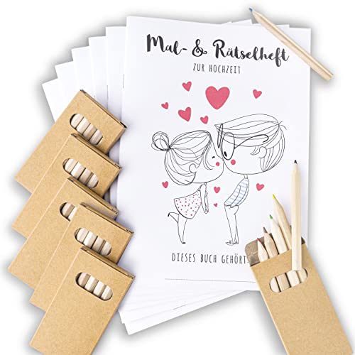 Hochzeitsmalbuch für Kinder DINA5 mit Buntstiften (6 Malbücher + Buntstifte im Set), 24 Seiten Mal- und Rätselbuch als Gastgeschenk für Kinder zur Hochzeit