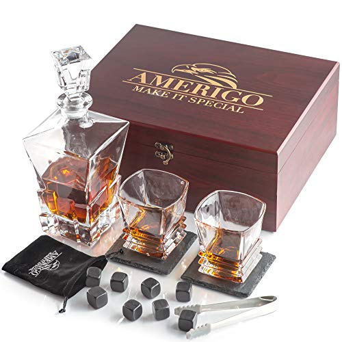 AMERIGO Luxus Whiskey Stones Geschenkset - Whiskey Dekanter Set + 2 Whiskey Gläser + 8 Wiederverwendbare Eiswürfel & 2 Schieferuntersetzer - Whisky Geschenke für Männer Whiskey Rocks + Eiszange