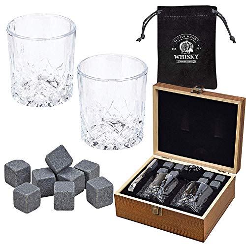 WOMA 8 Whisky Steine mit 2 Whiskey Gläsern, Zange & Holz Geschenkbox - Whiskey Steine Geschenkset aus natürlichem Basalt - Eiswürfel Wiederverwendbar