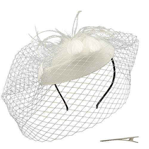 Umeepar Damen Pillbox Fascinator Hut Hochzeit Tea Party Hüte mit Federn Schleier Stirnband Clip (Weiß)