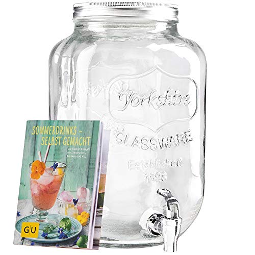 Levivo Getränkespender aus Glas, mit Zapfhahn, ideal für die Bar im Haus / exklusives GU Booklet Sommerdrinks– selbst gemacht gratis zum Getränkespender mit Zapfhahn, 8 Liter Füllvolumen