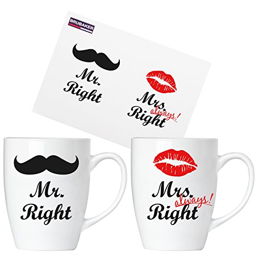 BRUBAKER Mr. Right & Mrs. Always Right Tassen Set Kaffeetassen aus Keramik - 2 Kaffeebecher 300 ml mit Grußkarte und Geschenkpackung