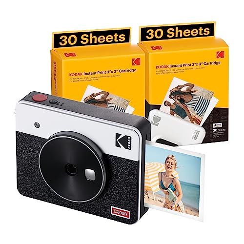 Kodak Mini Shot 3 Retro 4PASS 2-in-1 Sofortbildkamera und Fotodrucker, tragbar (7,6 x 7,6 cm) + Paket mit 68 Blättern, Weiß