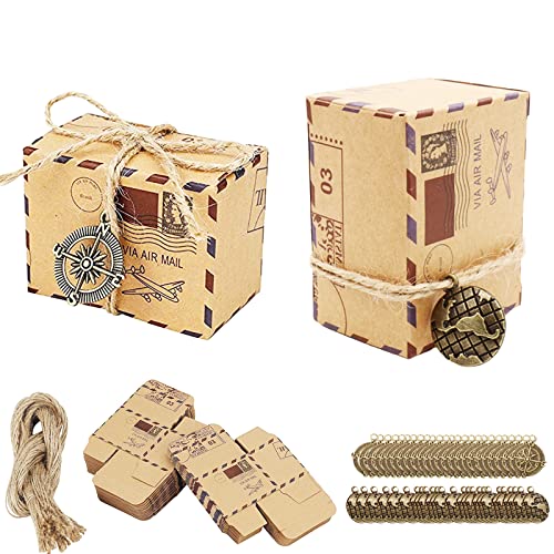Kraft Papier Geschenkbox,mit Sackleinen Schnüre, Kompass,Mini Globus Zubehör, für Geburtstag Hochzeits Party Geschenken (50pz)