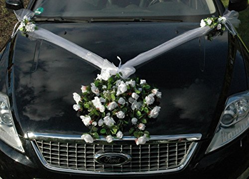 Spitze STRAUß Auto Schmuck Braut Paar Rose Deko Dekoration Hochzeit Car Auto Wedding Deko PKW (Reinweiss 3)