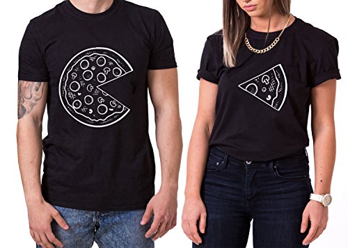 Pizza King Queen Partner Look Pärchen Valentinstag T-Shirt Set, Größe:M;Partner Shirts:Damen T-Shirt Schwarz