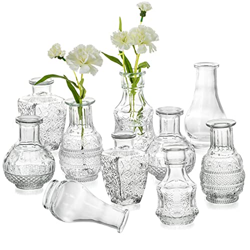 10 x Hewory Kleine Vase Hochzeit Glas Vasen Set: Vintage Blumenvase Durchsichtig Deko Handmade Mini Glasvase Transparent Klein Tischvase für Tischdeko Home, Glasvasen Minivasenset Tisch Dekoration