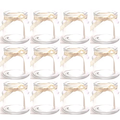 12 x Teelichtgläser H 7 cm - für kleine Teelichter - kleine Windlichter aus Glas für die Tischdeko (12 Stück mit cremefarbenem Band (in Meterware mitgeliefert)