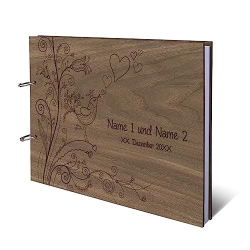 Hochzeit Gästebuch Nussbaum Holz Gravur individuell Holzcover mit 72 Blatt | 144 Naturpapier Innenseiten DIN A4 quer 302 x 215 mm - Liebesbaum
