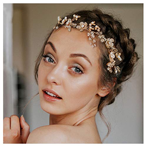 JAHEMU BrautKranz Braut Haar Rebe Blumen Stirnband Strass Perlen Haarteile Hochzeit Haarband Gold für Damen Mädchen 