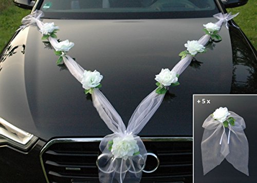 Organza M + Schleife Auto Schmuck Braut Paar Rose Deko Dekoration Autoschmuck Hochzeit Car Auto Wedding Deko Ratan Girlande PKW … (Weiß Weiß)