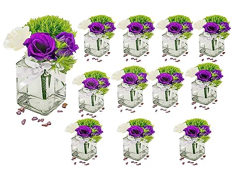 casavetro 12 x kleine Mini Vasen Set eckig-120 ml Glas klar Deko Blumen-Vase Hochzeit (12 x Schleife-Weiss)