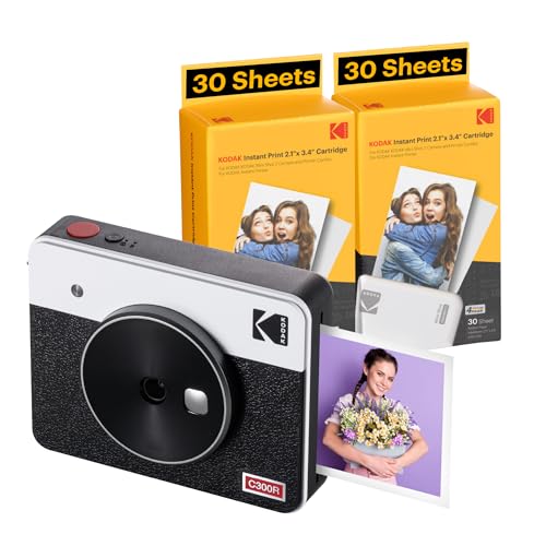 Kodak Mini Shot 3 Retro 4Pass 2-in-1-Sofortbildkamera und Fotodrucker, tragbar (7,6 x 7,6 cm) + Paket mit 68 Blatt, Weiß