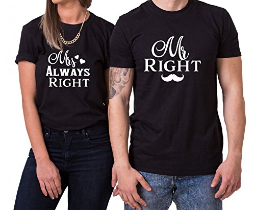 Mr Right Mrs Always Right King Queen Partner Look Pärchen Valentinstag T-Shirt Set, Größe:XL;Partner Shirts:Damen T-Shirt Schwarz