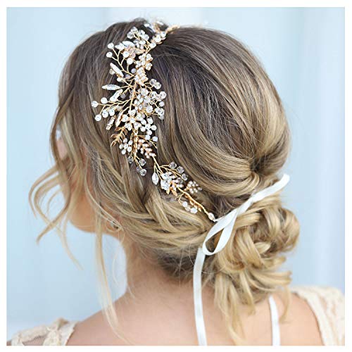 SWEETV Gold Braut Haarschmuck Hochzeit Blume Kristall Stirnbänder Haarband Diadem Tiara
