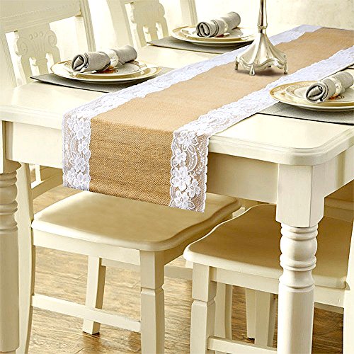 SOEKAVIA Tischläufer Jute Tischband mit Spitzen Tisch Dekoration für Party, Hochzeit, Haus, Restaurant - 6 Pack