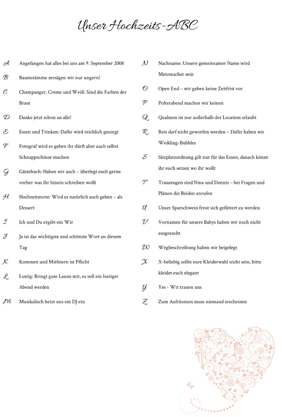 HochzeitsABC für die Hochzeitsgäste Vorlagen & Infos