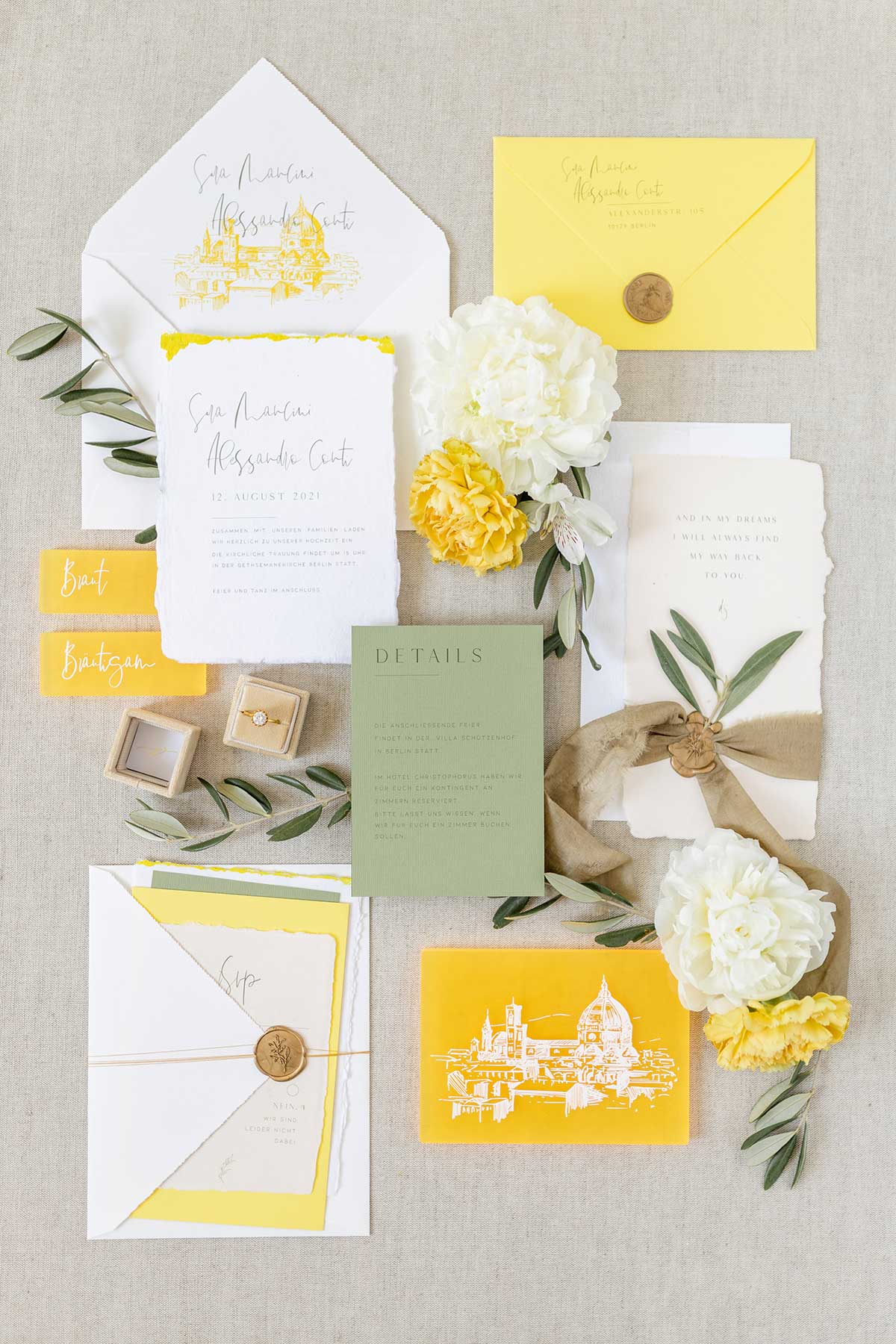 Papeterie zur Hochzeit in Gelb und Weiß