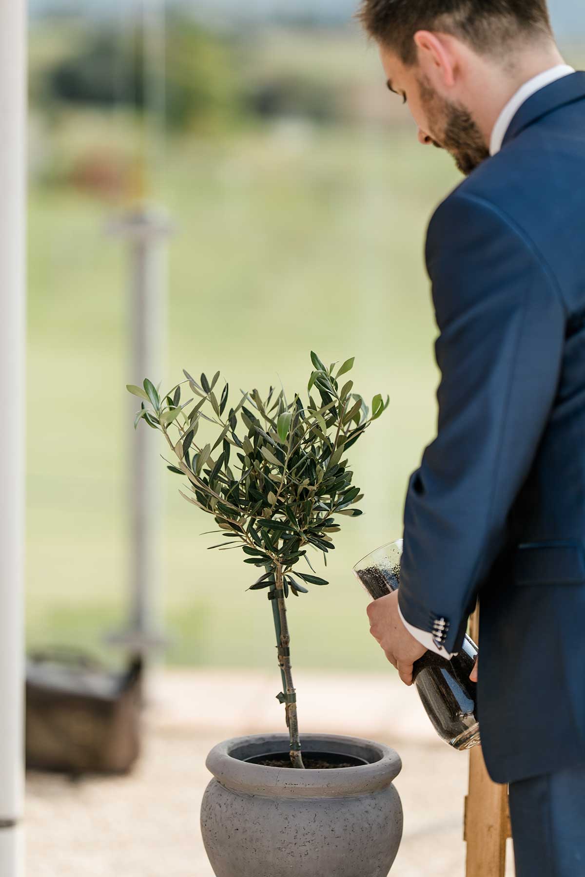 Bräutigam pflanzt einen Baum während der Hochzeit